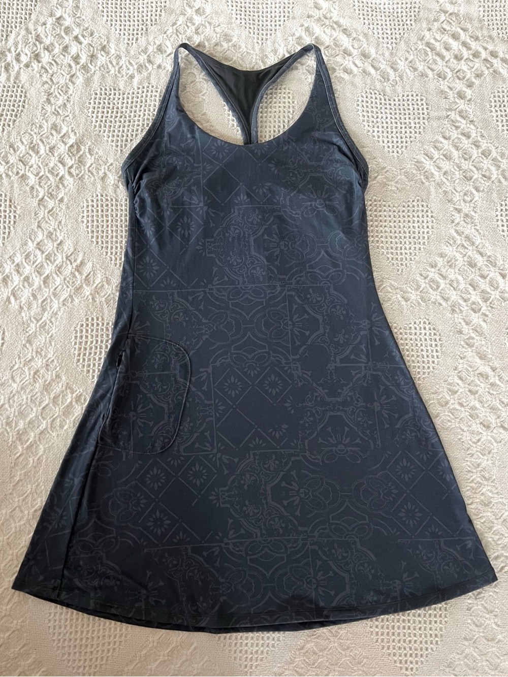 Prana Racerback Athletic Dress Built in Shelf Bra Charcoal Baroque Pattern Soft